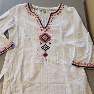 Sigrid Olsen White Tunic with Pink and Black Embroidery